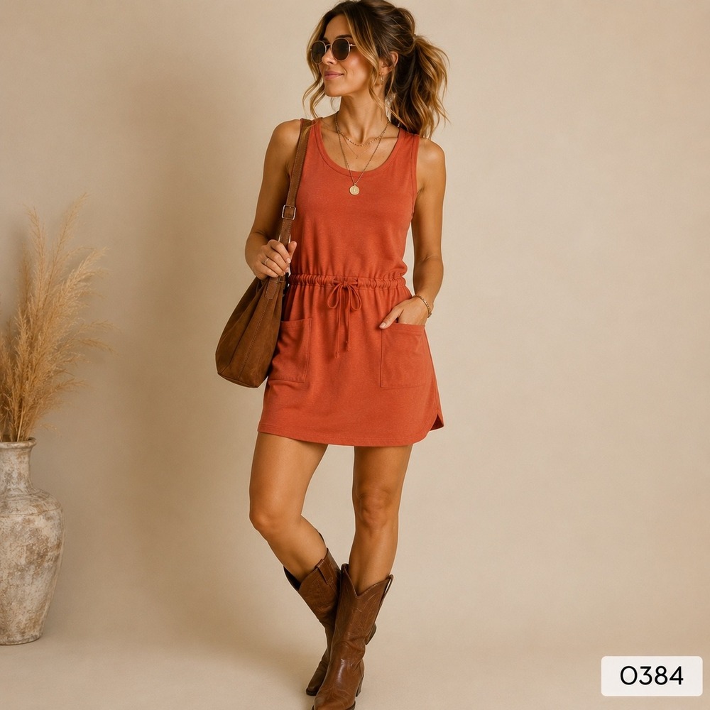 Gaiam Womens Sleeveless Drawstring Waist Pocket Mini Dress Burnt Orange L O384